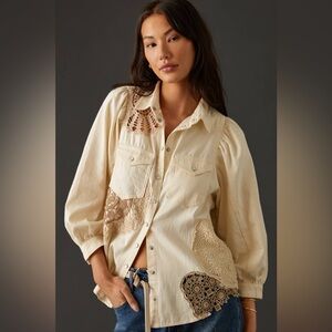 Pilcro Puff-Sleeve Shirt Anthropologie crochet pearl snap buttons xsmall eyelet
